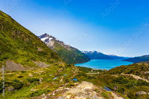 View of Prince William Sound as seen from the top of Portage Pass, Alaska. Native Americans used this pass to travel from Prince William Sound to Turnagain Arm