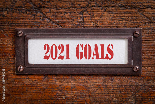 2021 goals - a label on grunge wooden file cabinet. Planning for the incoming year.