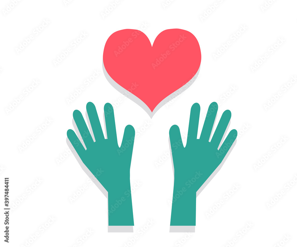 Hands in medical gloves and a heart. Symbol. Vector illustration. Hands in medical gloves and a heart. Symbol. Vector illustration.