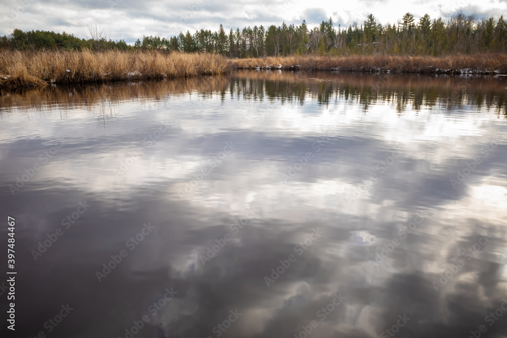 Clouds reflected in pond water of a bog Clouds reflected in pond water of a bog