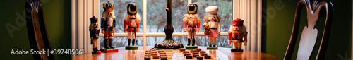 Horizontal banner of a variety of Wooden nutcrackers on a round cherry table overlooking a checkers match