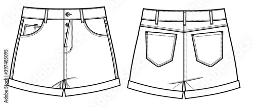 woman fashion design short CAD technical flat clotes drawing illustration vector line pattern design clothing artwork textile sketch trend graphic hand-drawn