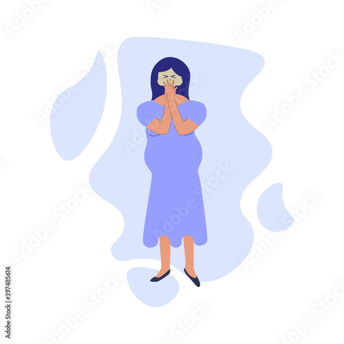 Pregnancy symptoms and problems concept. Young pregnant women suffering from toxicosis, nausea and vomiting. Morning sickness, problem with health, feeling bad, poisoning flat illustration