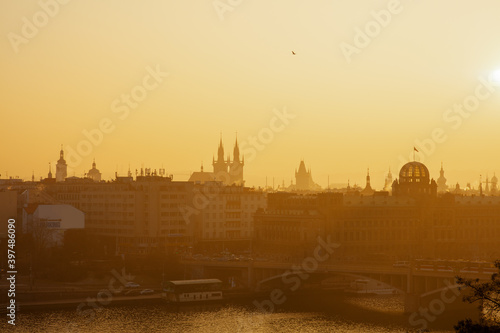 Photography landscape with Vltava river and church of our lady before tyn