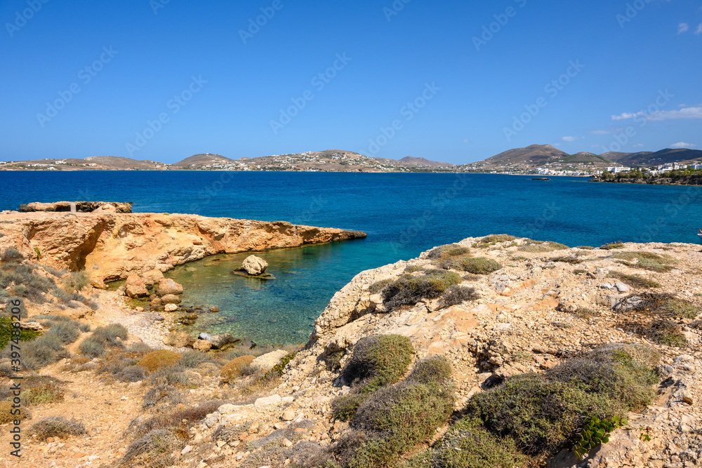 Picturesque Paros Bay with a rocky coast and turquoise water. Paros Island, Cyclades, Greece