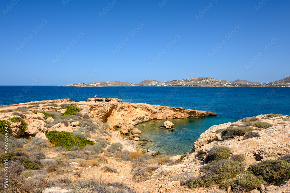 Picturesque Paros Bay with a rocky coast and turquoise water. Paros Island, Cyclades, Greece