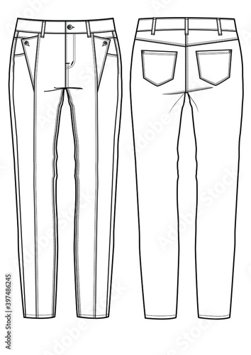 woman fashion design trouser jeans CAD technical flat drawing illustration vector line pattern design clothing artwork textile sketch trend graphic hand-drawn