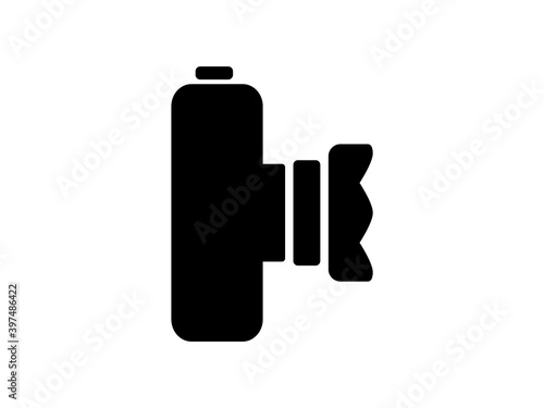 Retro camera icon. Black photo side view with split lens monochrome photography with optical zoom and professional setting studio and travel device for rare and unique vector shots.