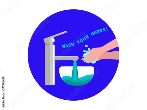 Wash your hands with soap and water and fight infection. Silver open faucet pours liquid on hands in blue lather bubbles mandatory hygiene prevention of pathogenic bacteria and vector pandemic.