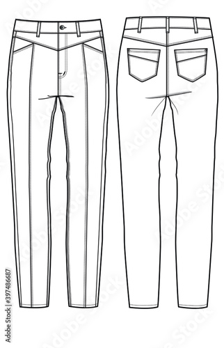woman fashion design trouser jeans CAD technical flat drawing illustration vector line pattern design clothing artwork textile sketch trend graphic hand-drawn