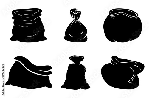 Santa bag silhouette set. Black shape of santa claus sack.Vector icon, symbol, design.Open and closed. Empty and full. Christmas illustration isolated on white. Xmas drawing.