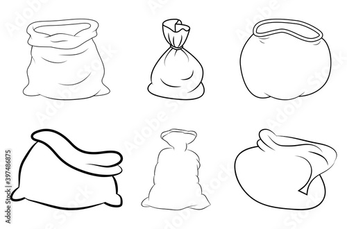 Santa sack outline set. Contour shape of santa claus bag. Vector icon, symbol, design. Empty and full. Open and closed.  Line art xmas drawing collection. Christmas illustration isolated on white.