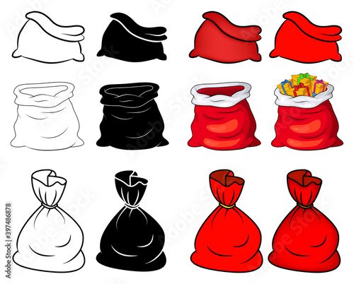 Santa sack set. Collection of santa claus bag. Empty and tied up. Red, outline and silhouette. Vector present package isolated on white background. Christmas cartoon drawing. Xmas  illustration.