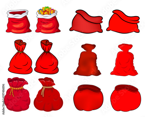 Santa bag set. Red sack of santa claus collection. Empty and tied up. Vector present package isolated on white background. Christmas gift packaging. Xmas cartoon illustration.
