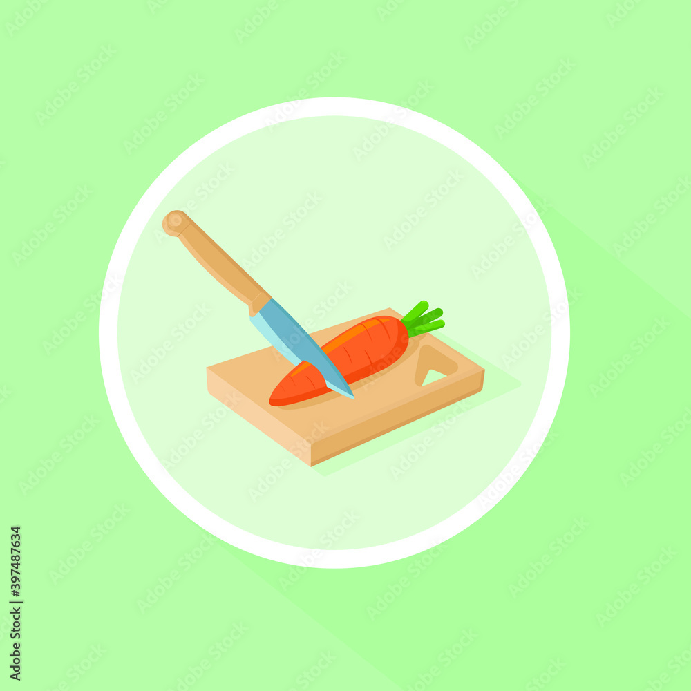 Orange carrots on a chopping Board. Kitchen knife cutting orange carrots. Icon. Flat vector illustration of mint color Orange carrots on a chopping Board. Kitchen knife cutting orange carrots. Icon. Flat vector illustration of mint color