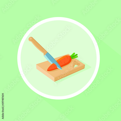 Orange carrots on a chopping Board. Kitchen knife cutting orange carrots. Icon. Flat vector illustration of mint color