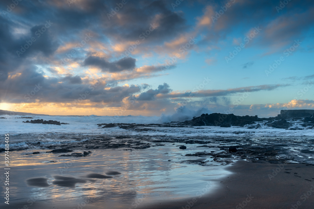 Landscape. El puertillo beach with strong waves at sunset.  Arucas. Las Palmas. Canary islands