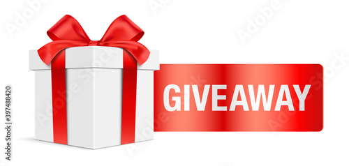 White gift box, with give away text on the red tag. Vector icon for giveaway competition.