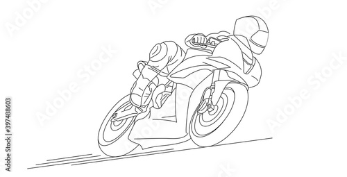 Line illustration of motorcycle rider in motion, high speed movement dynamic composition, isolated