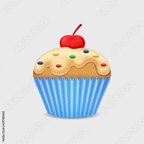 Sweet vanilla cupcake with cherry on white background