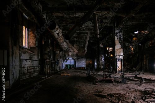 Burnt interior of industrial building or warehouse. Consequences of fire