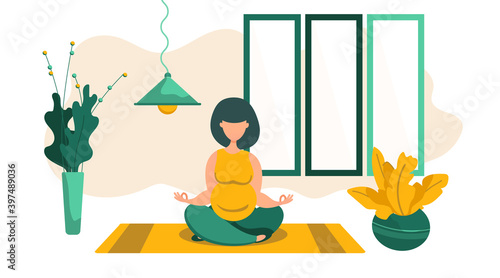 Young pregnant girl in the lotus position meditates in a room in a cozy home. Beautiful eco plants in pots, decor paintings in the interior. Active woman exercising on the mat. Vector illustration 