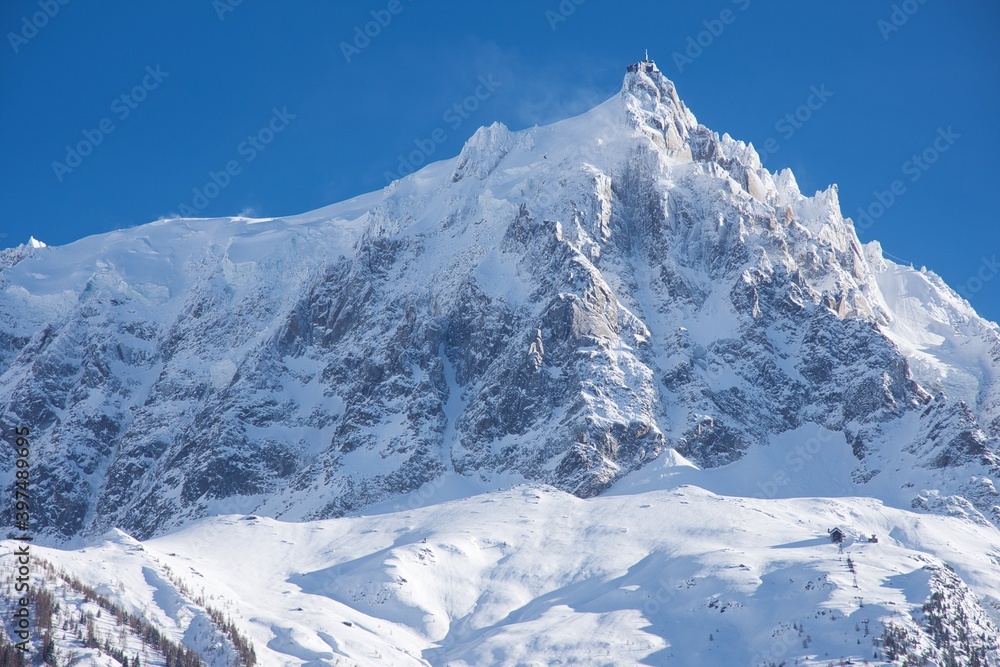 Aiguille du midi covered in fresh snow stunning view from chamonix France