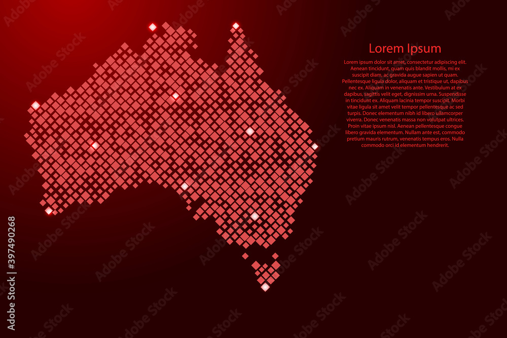 Australia map from red pattern rhombuses of different sizes and glowing space stars grid. Vector illustration.