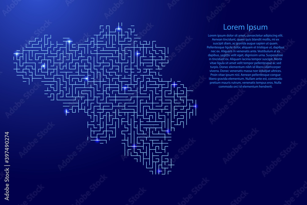 Belgium map from blue pattern of the maze grid and glowing space stars grid. Vector illustration.