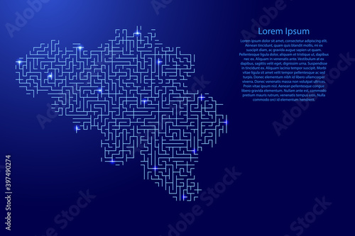 Belgium map from blue pattern of the maze grid and glowing space stars grid. Vector illustration.