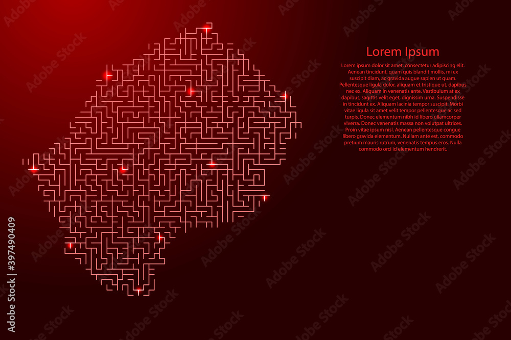 Lesotho map from red pattern of the maze grid and glowing space stars grid. Vector illustration.
