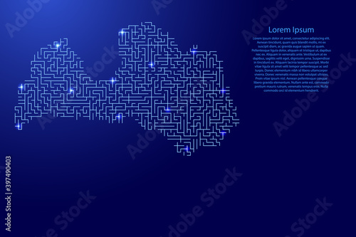Latvia map from blue pattern of the maze grid and glowing space stars grid. Vector illustration.