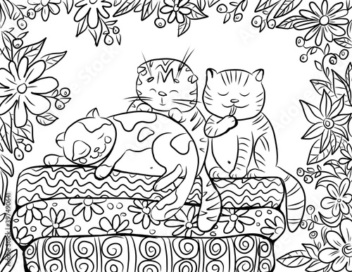 Fototapeta Naklejka Na Ścianę i Meble -  coloring book with a cat sleeping on a pile of mattresses in the garden surrounded by flowers, black and white outline drawing by hand