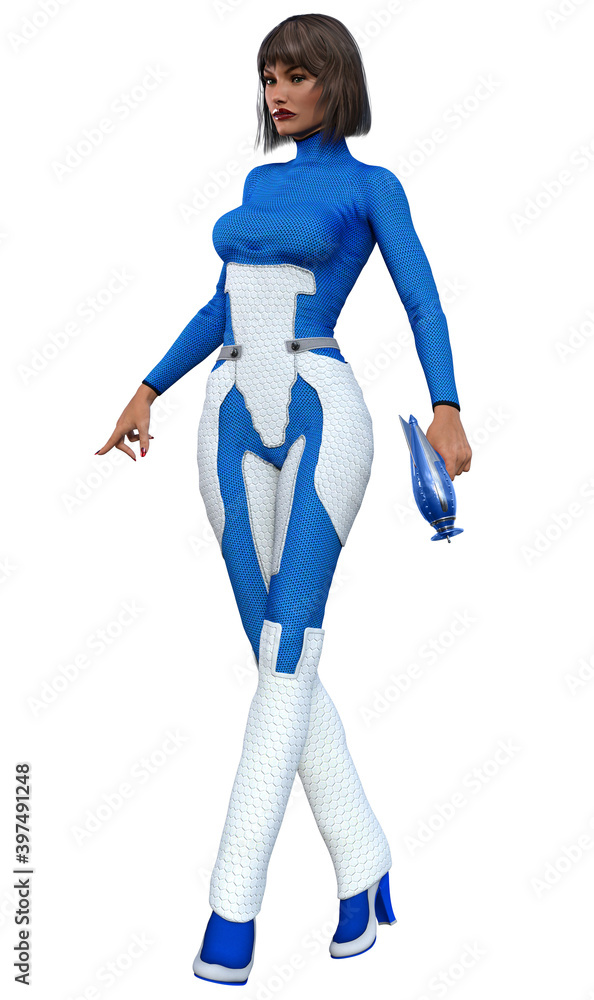 Futuristic woman with gun in blue dress Futuristic woman with gun in blue dress