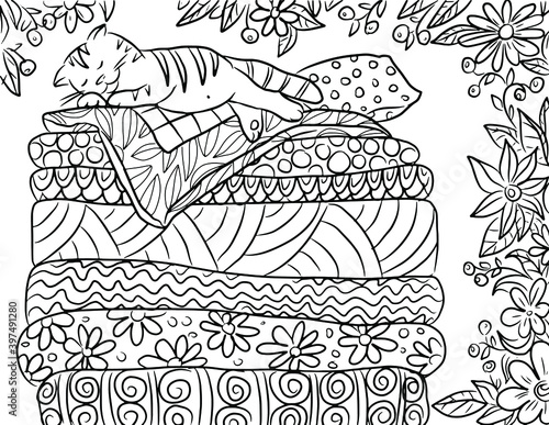 coloring book with a cat sleeping on a pile of mattresses in the garden surrounded by flowers, black and white outline drawing by hand