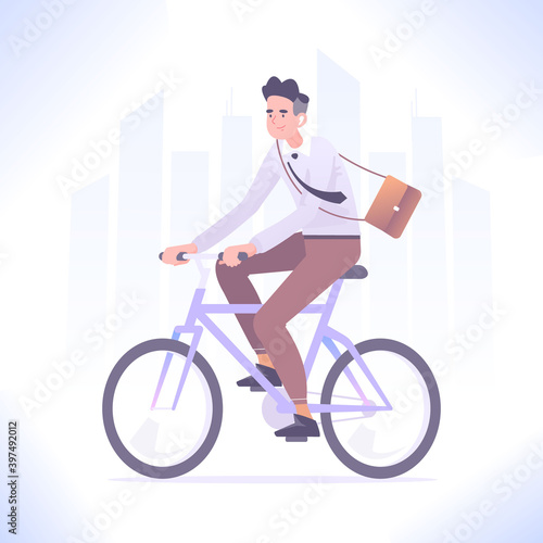 Eco friendly vehicle concept. Young man riding bicycle to office, businessman going to work by city bike, vector illustration