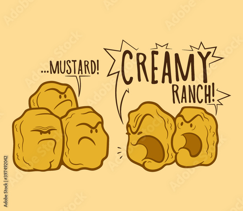 Cute vector Nuggets chooses mustard or creamy ranch sauce cartoon