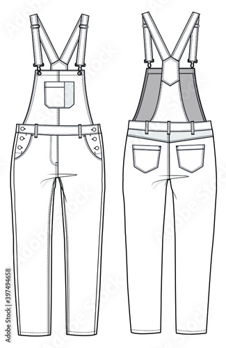 woman fashion design dungarees CAD technical flat drawing illustration vector line pattern design clothing artwork textile sketch trend graphic hand-drawn