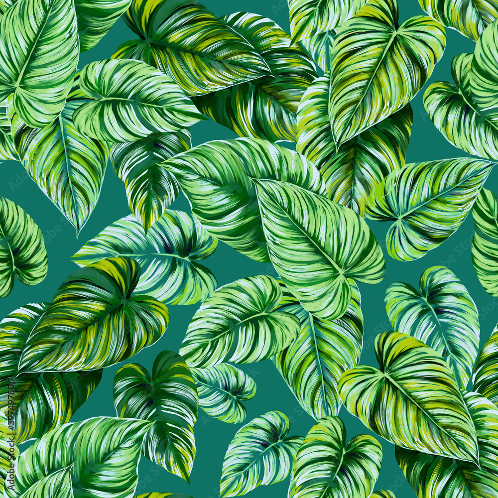 Seamless pattern with variegated leaves of philodendron. Green leaves on a emerald green background. Endless tropical exotic illustrations