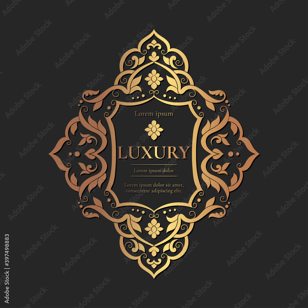 Golden frame with vector ornament. Elegant, classic elements. Can be used for jewelry, beauty and fashion industry. Great for logo, emblem, background or any desired idea.