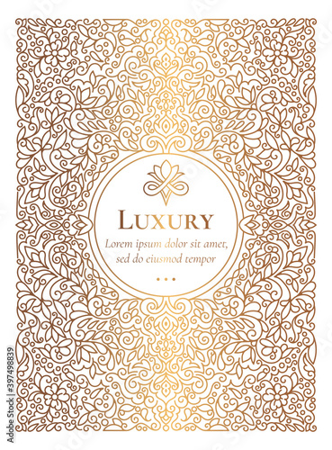 Golden luxury invitation card design with vector linear pattern. Vintage ornament template. Can be used for background and wallpaper. Elegant and classic vector elements great for decoration.