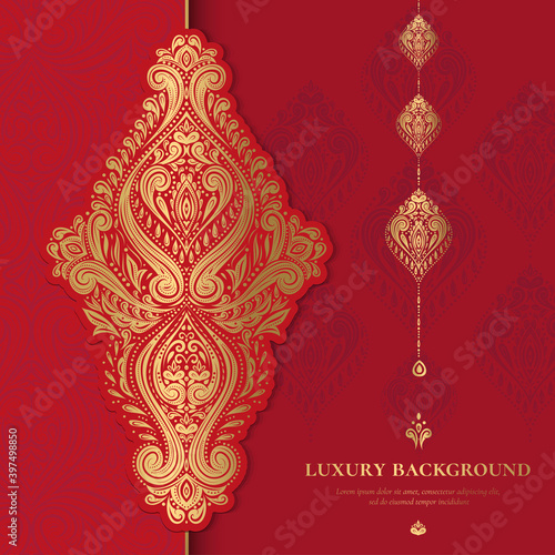 Gold and red luxury background. Indian pattern template. Vector abstract design elements. Great for invitation and greeting cards, packaging, flyer, wallpaper or any desired idea.