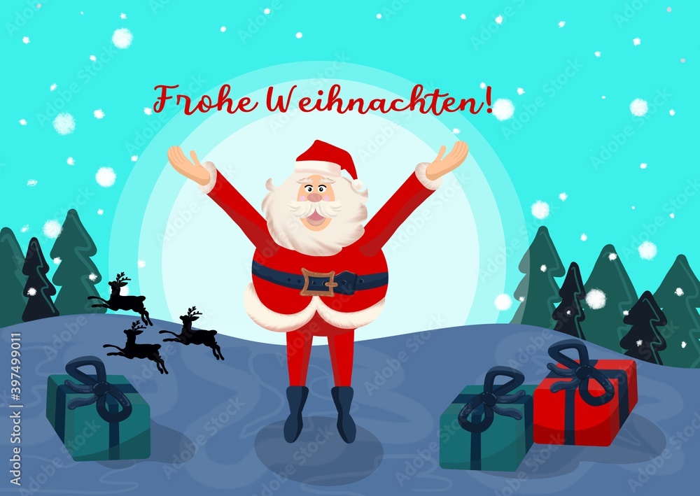 „Frohe Weihnachten „ in the German Language means „Merry Christmas!“, a postcard, an illustration in a flat style
