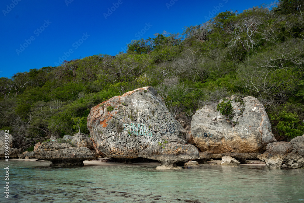 Big coral stones on the paradise beach on the rocky coast of Atlantic Ocean in Punta Rucia, Dominican Republic
