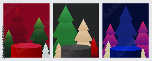 Abstract new year set.
Geometric rounded podium to showcase different products against the backdrop of different types of Christmas trees.