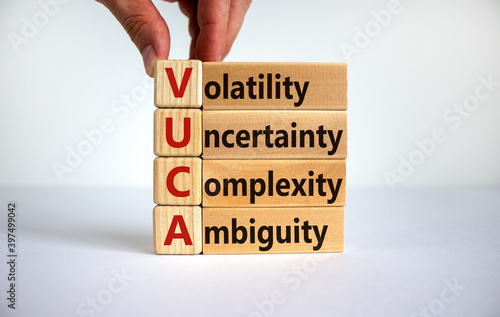 VUCA symbol. Wooden cubes with words 'VUCA - volatility, uncertainty, complexity, ambiguity'. Male hand. Beautiful white background, copy space. Business and VUCA concept. photo