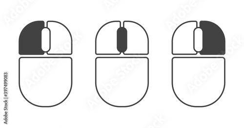 Computer mouse left and right click, scroll wheel outline icons set
