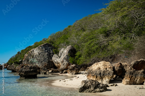 Big coral stones on the paradise beach on the rocky coast of Atlantic Ocean in Punta Rucia, Dominican Republic