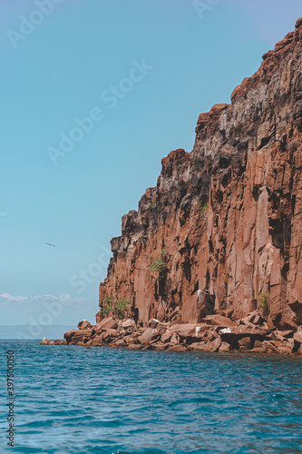 Edge of rocky orange hill leading to the ocean with bird flying in Mexico