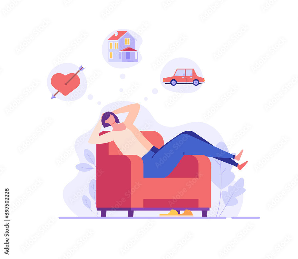 Woman sitting on the couch and dreaming about love, house, car. Concept of relaxation, rest, home comfort, dream visualization, weekend, dreaming, makes wishes. Vector illustration in flat design